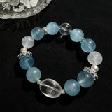 Natural Aquamarine & Moonstone Bracelet with Clear Quartz for Energy Cleansing